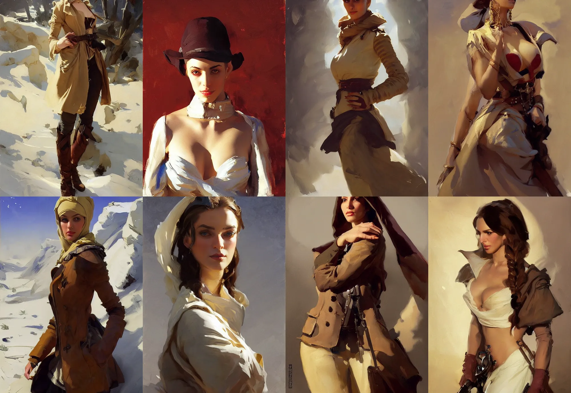 Prompt: portrait of russian iranian model girl jodhpurs hyperborea winter traveler treasure hunter decollete greg manchess painting by sargent and leyendecker, fantasy, medium shot, asymmetrical, intricate, elegant, matte painting, illustration, hearthstone, by rhads, by greg rutkowski, by greg tocchini, by james gilleard, by joe fenton