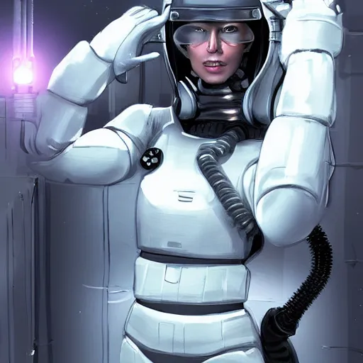 Image similar to woman in sci - fi gear, by wayne barlow