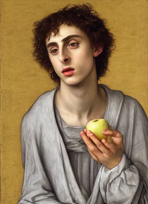 Prompt: (((( a painting of a Timothee Chalamet EATING an APPLE, a character portrait by Dürer, behance, pre-raphaelitism, da vinci,y pre-raphaelite, detailed painting“