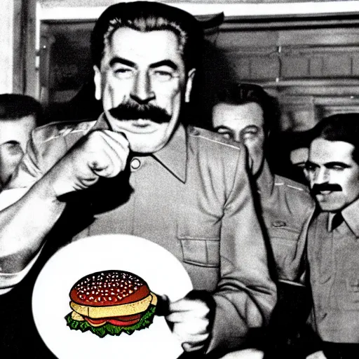 Prompt: stalin smashes burger with his fist
