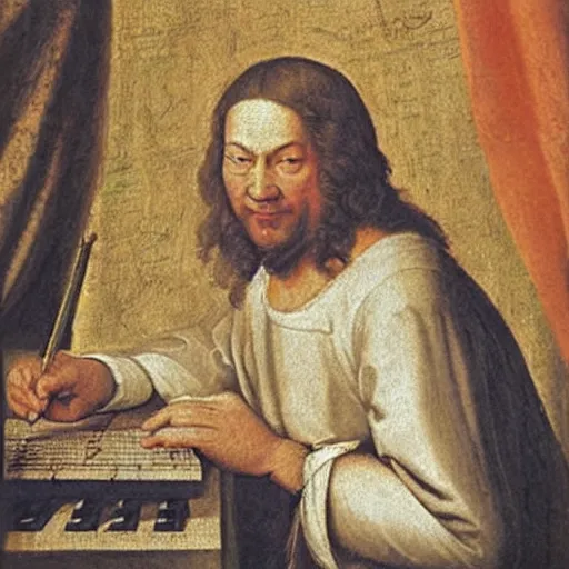 Prompt: a renaissance painting of bach, he is smiling at the camera and writing a piece of music on a sheet.
