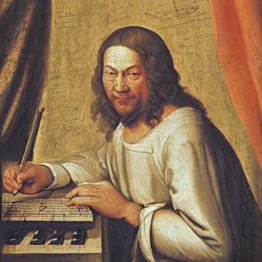 Image similar to a renaissance painting of bach, he is smiling at the camera and writing a piece of music on a sheet.