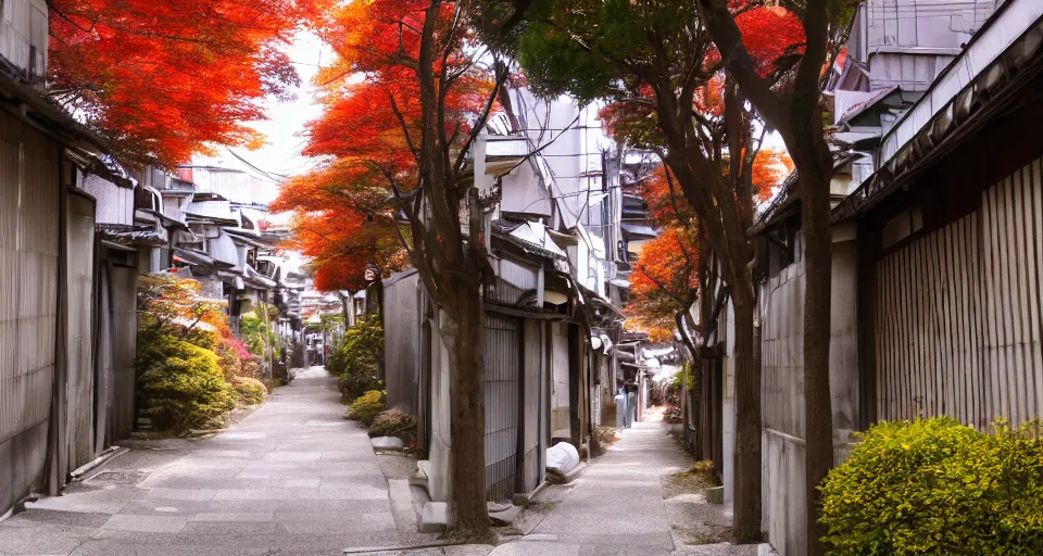 Prompt: Anime visual of peaceful Japanese alleyway from TV Tokyo 2010s anime series; autumn; 4k HD, sharp, digital still, trending on artstation; official media