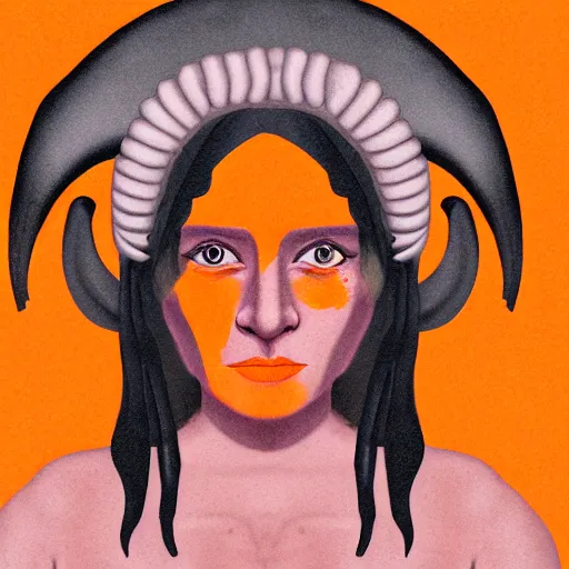 Image similar to illustrated portrait of ugly ram-horned woman with orange skin