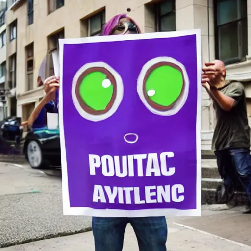 Prompt: a one eyed green and purple alien holding up a political poster about aliens in front of his body, its expression is indifferent, the edges have a stylistic blur, photorealistic, high - res, incredibly detail, vortex