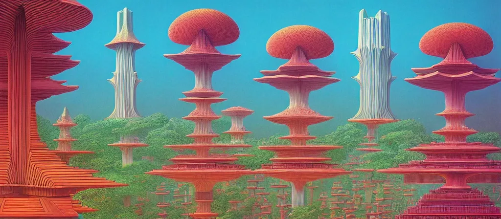 Prompt: huge gargantuan angular dimension of pagoda liminal spaces, temples by escher and ricardo bofill. utopian singaporean landscape by roger dean. magical realism, surrealism, lush sakura trees, waterfalls, thunder, lightning, vaporwave, trending on artstation, shot from below, epic scale, by james jean