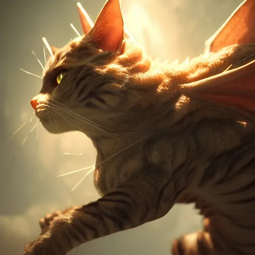 Image similar to 8 k ultra realistic cat dragon cinematic lighting, highly detailed, artstation, concept art, smooth, sharp focus, warm light, cozy warm tint, magic the gathering artwork, volumetric lighting, art by akihiko yoshida, greg rutkowski