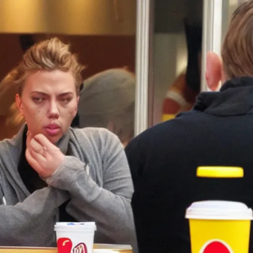 Image similar to fat scarlett johansson crying in mcdonalds eating a burger