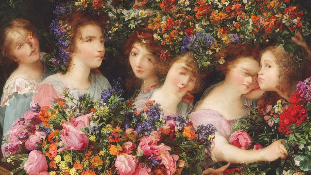 Image similar to A young guy's head is lying in a beautiful bouquet of flowers on a table, and his sisters are looking on, ancient fairy tale style