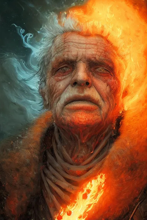 Prompt: the look of an elderly person, necromancer, witch - doctor covered with fire exploding into ice, full of wrinkles and imperfections by artgem and greg rutkowski, highly detailed, high contrast, light reflection, trippy, nebula, trending on artstation