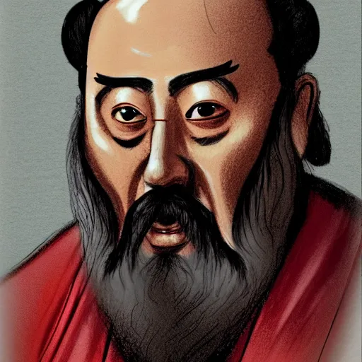 Prompt: Confucius in the american courtroom sketch by Batton Lash by John M. Downs by Leo Hershfield, concept art