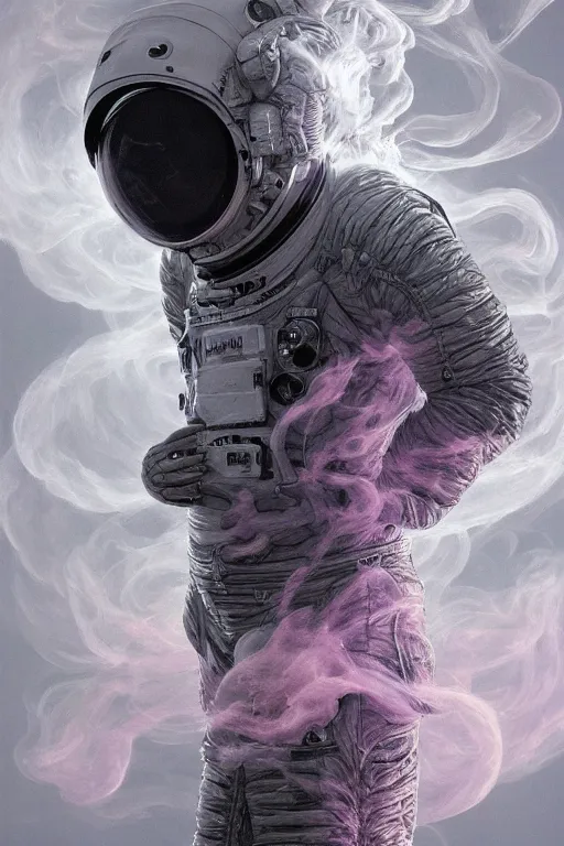 Prompt: close up shot of a full body floating astronaut portrait smoke elemental fading into white smoke, high contrast, james gurney, peter mohrbacher, mike mignola, black paper, mandelbulb fractal, trending on artstation, exquisite detail perfect, large brush strokes, bold pinks and blues tones, intricate ink illustration, black background