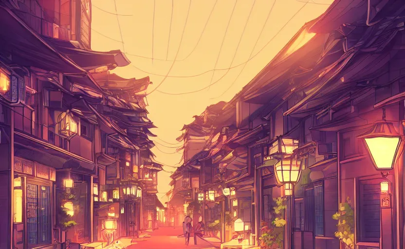 Image similar to a beautiful street in a beautiful Japanese city, at night, street lights, anime style, in the style of ForD Nguyen on ArtStation and Zenifune on ArtStation, 4k,