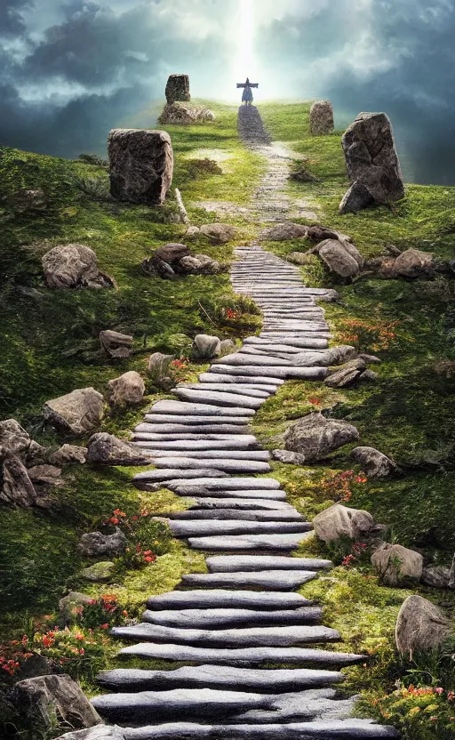 Image similar to a pathway to heaven leading up into the sky, god is waiting at the heaven gates, 8 k, concept art, ultra detailed