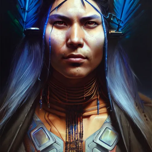 Image similar to portrait painting of a cyberpunk native american street samurai with pointy ears, ultra realistic, concept art, intricate details, eerie, highly detailed, photorealistic, octane render, 8 k, unreal engine. art by artgerm and greg rutkowski and charlie bowater and magali villeneuve and alphonse mucha