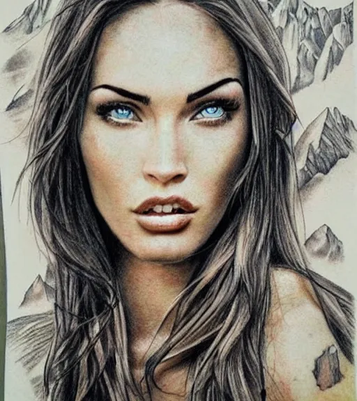 Image similar to realism tattoo sketch of a megan fox face double exposure effect with mountain scenery, in the style of matteo pasqualin, amazing detail, sharp, faded