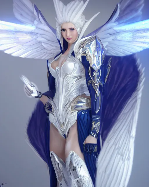 Image similar to perfect white haired egyptian goddess wearing white dove wings, warframe armor, regal, attractive, ornate, sultry, beautiful, ice queen, half asian, pretty face, blue eyes, detailed, scifi platform, 4 k, ultra realistic, volumetric lighting, illuminated, cinematic, masterpiece, art by akihito tsukushi, voidstar