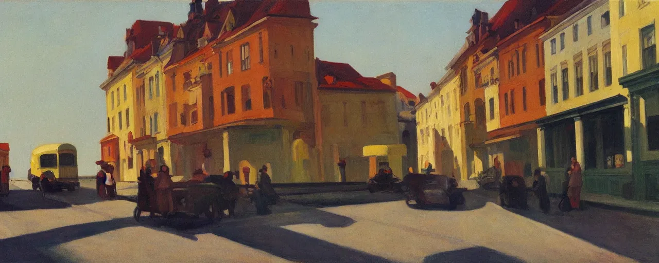 Prompt: an edward hopper style painting of a busy road of ( ( ( ( ( ( ( ( gyor ) ) ) ) ) ) ) ) in hungary, spring, april of 1 9 4 8