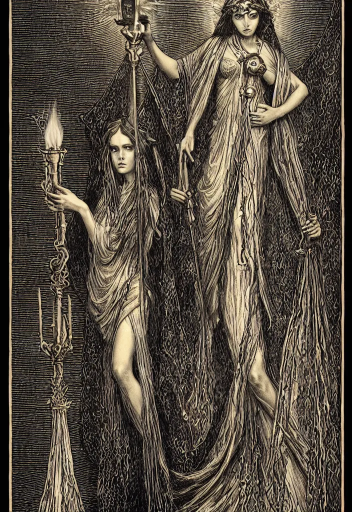 Image similar to tarot card of hecate the gloomy and beautiful goddess of witchcraft, torches, ancient keys, smokes, gustave dore, franklin booth, andrey remnev, trending on artstation, exquisite details, risography print, 4 k, 4 k