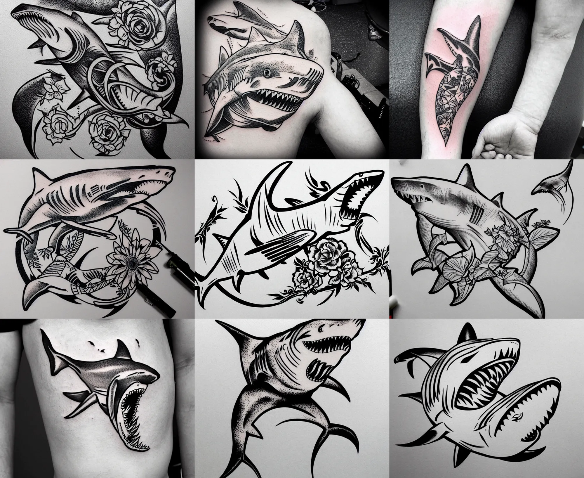 Image similar to detailed amazing tattoo stencil of a floral shark hunting