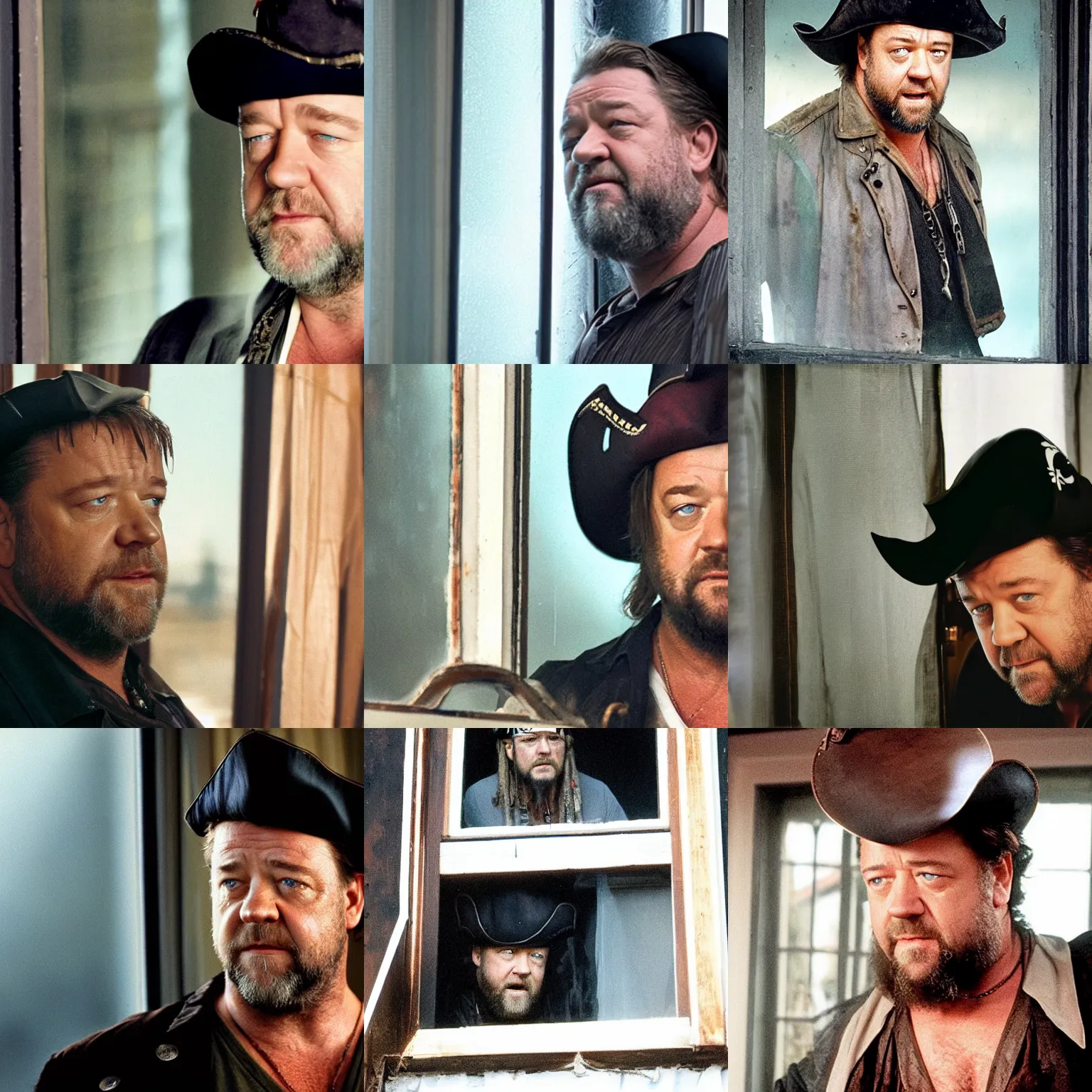 Prompt: thin russell crowe wearing a pirate hat behind a dirty window staring out