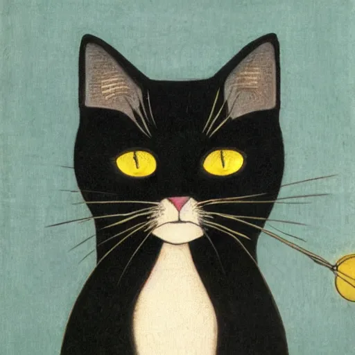 Image similar to a sitting black cat with yellow eyes by tsuguharu foujita, with a background, highly detailed, high quality, restored, historical art piece
