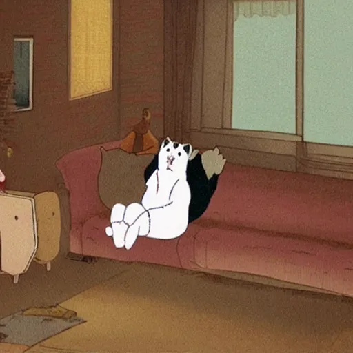 Prompt: bear and cat sitting in couch, by Studio Ghibli, atmospheric, cosy, romantic