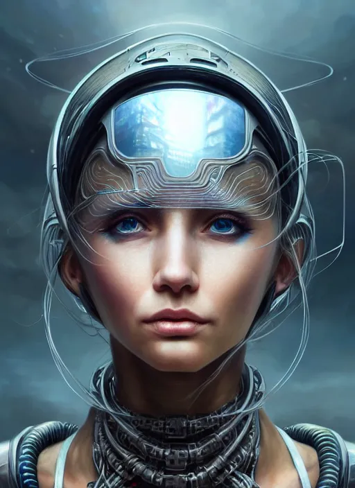 Image similar to closeup portrait shot of cyber girl wearing a bandana n a scenic dystopian environment, intricate, elegant, highly detailed, centered, digital painting, artstation, concept art, smooth, sharp focus, illustration, artgerm, tomasz alen kopera, peter mohrbacher, donato giancola, joseph christian leyendecker, wlop, boris vallejo