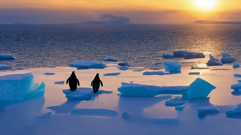 Image similar to photo of the most beautiful panoramic landscape, where a giant iceberg is lost in middle of the artic ocean, a giant penguin is exhaling steam while walking over the iceberg, there is nothing else, the artic ocean is reflecting the giant penguin over the iceberg and the ray lights of the sunset are brightening him, award winning photo, minimal style,