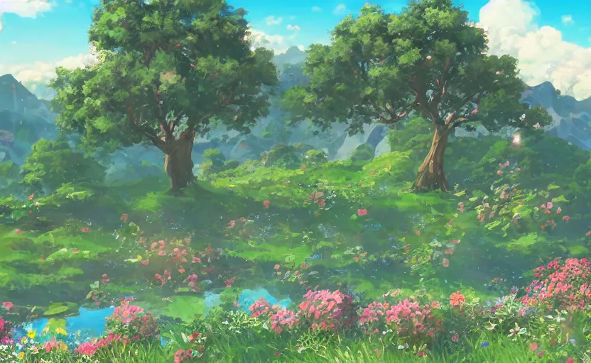 Image similar to fantastic anime sunny meadow with flowers, lone old Oak in the middle plane and mountains on the background, by Hayao Miyazaki, Nausicaa, Ghibli, Breath of the wild, Anime wallpaper