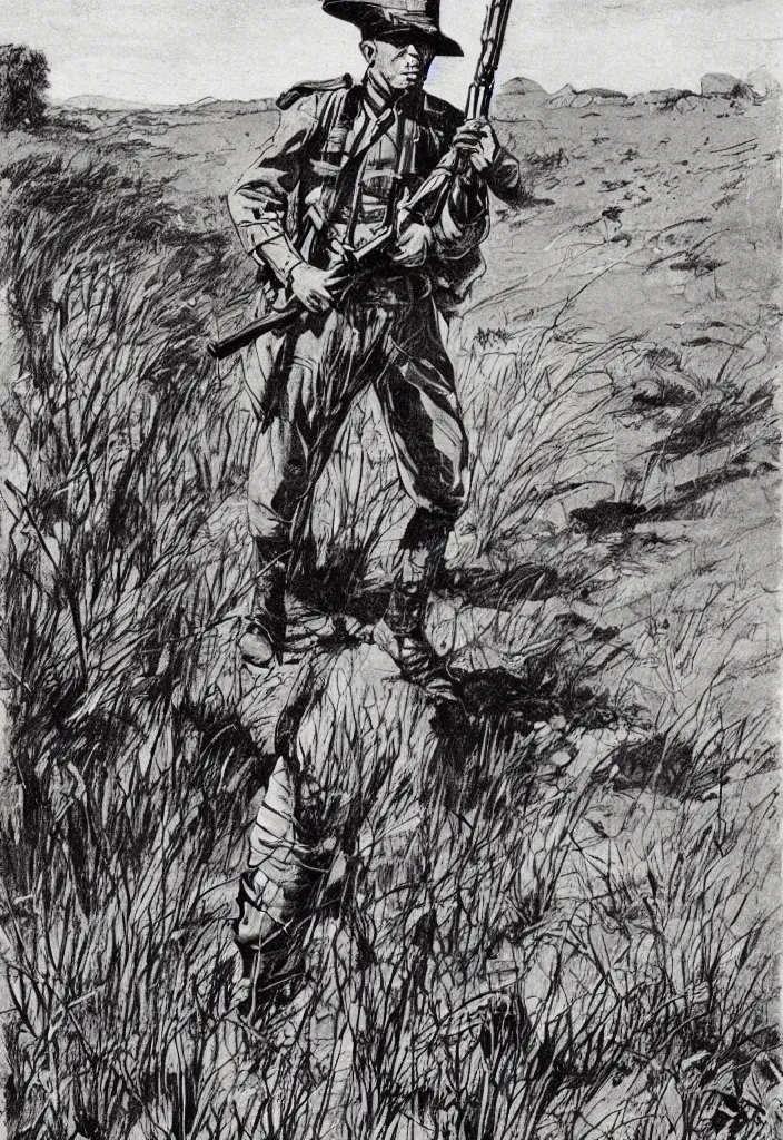 Prompt: comic book of a boer soldier in the south-african veld holding a rifle during the anglo-boer war. 50s comic book illustration. evening light, dramatic, warm, dynamic composition