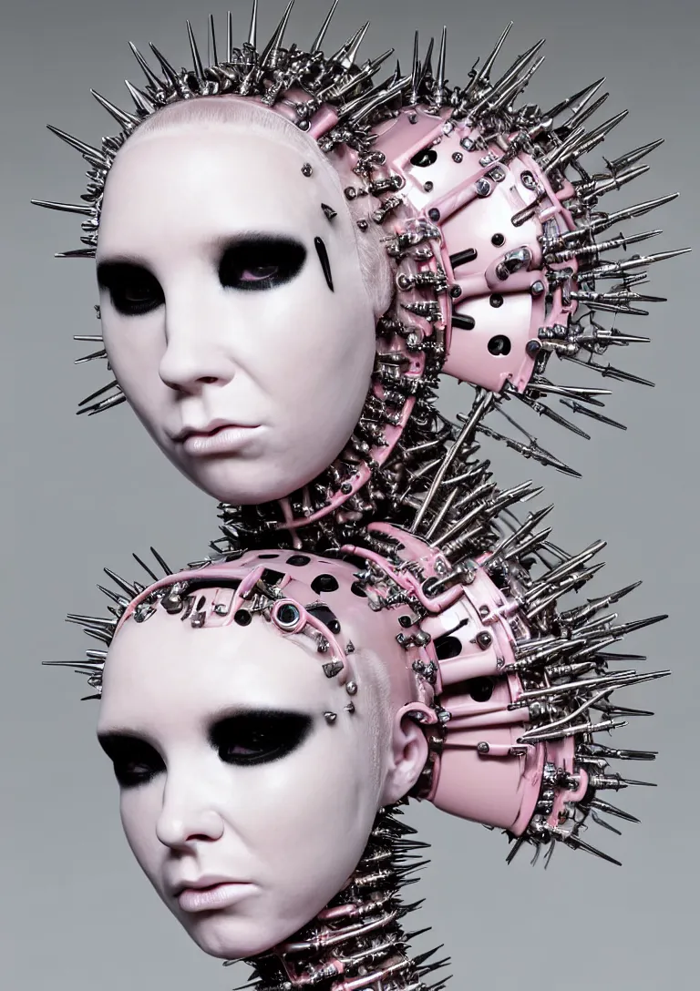 Image similar to portrait of a biomechanical goddess wearing a steel spikes studded iridescent beauty mask and pink hair buns, wearing a black bodysuit by alexander mcqueen, cream white background, soft diffused light, biotechnology, humanoid robot, perfectly symmetric, bjork aesthetic, translucent, by rineke dijkstra, intricate details, highly detailed, masterpiece,