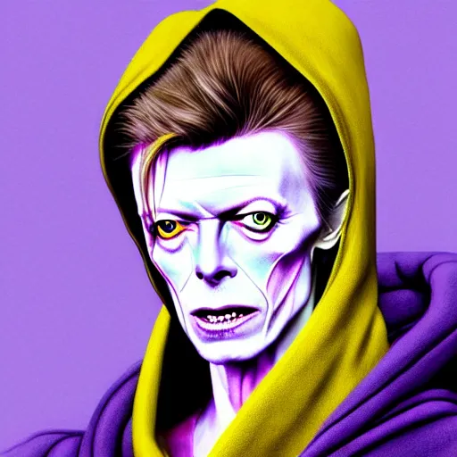 Prompt: david bowie in a hooded robe, soft hair. light color palate, purple, yellow and white. detailed soft painting, ayami kojima, made in abyss, anatomically correct, ilya kuvshinov, inspired in balthus, high detailed face anime, vogue magazine, glorious composition, mobile wallpaper