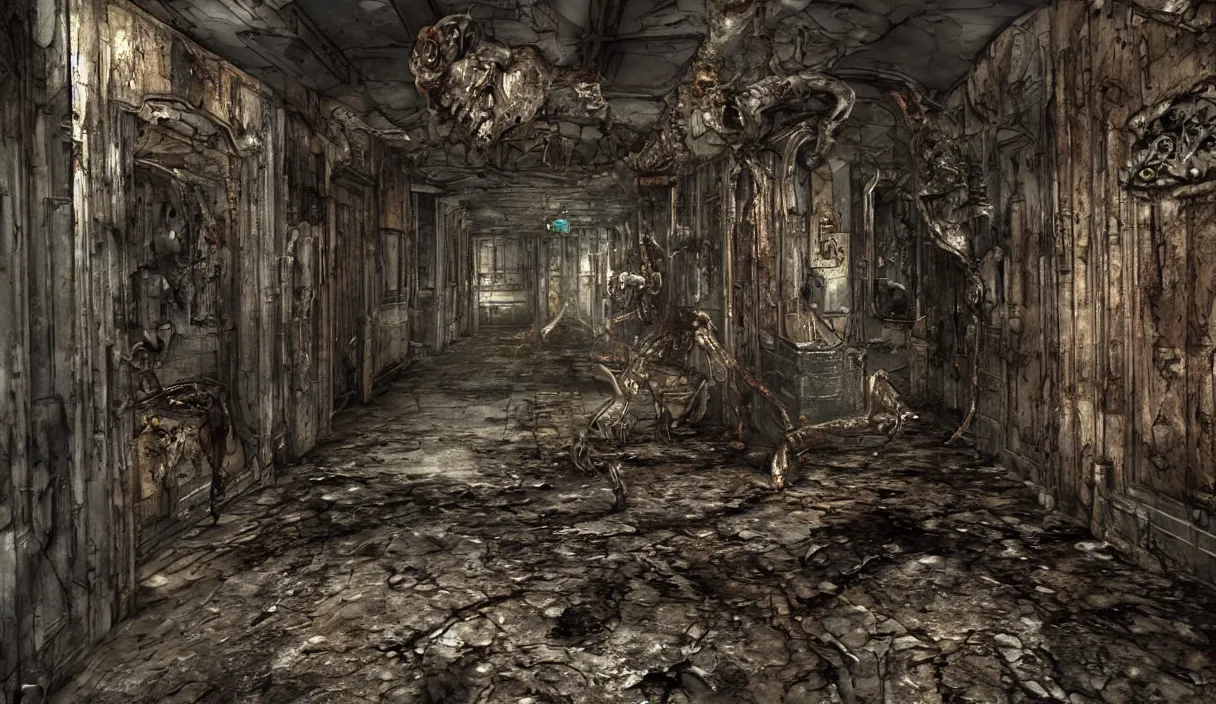 Image similar to disfigured necromorph being crawling in the spacecraft hallway, rusty and dirty interiors, highly realistic and intricate, ominous, dark surroundings