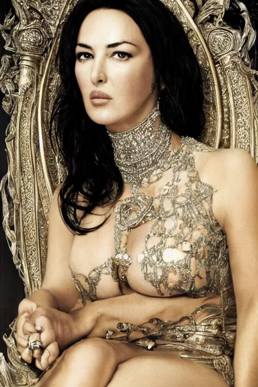 Prompt: Monica Bellucci as a Goddess sitting on a throne, Detailed Face