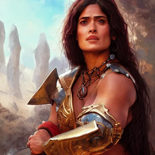 Image similar to portrait of salma hayek as barbarian warrior, au naturel, hyper detailed, digital art, trending in artstation, cinematic lighting, studio quality, smooth render, unreal engine 5 rendered, octane rendered, art style by klimt and nixeu and ian sprigger and wlop and krenz cushart.