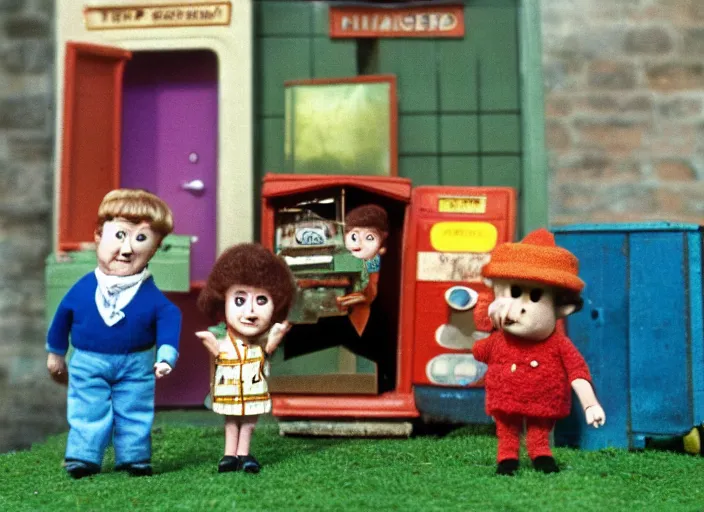 Prompt: a scene from a 1 9 7 0 s british kids tv programme by the bbc and oliver postgate, stop motion animation, postman pat, vhs distortion