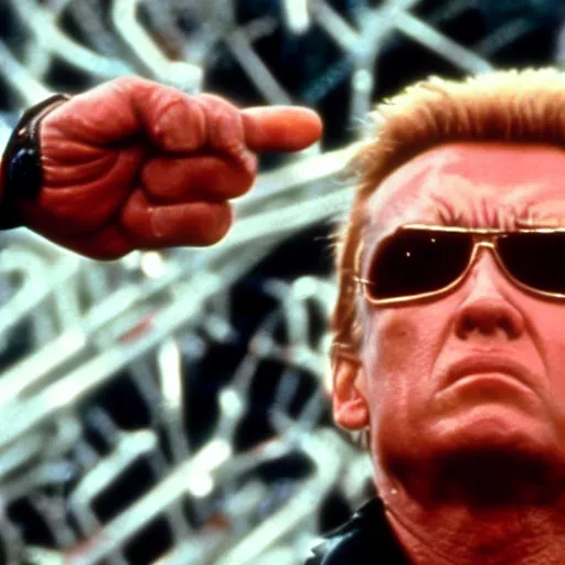 Prompt: donald trump in terminator 2 judgment day, film still from terminator 2 judgment day, 2 6 mm