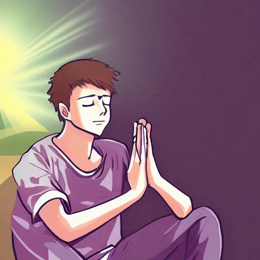 Image similar to a male teenager praying for a divine smartphone in front of him, digital art, anime style