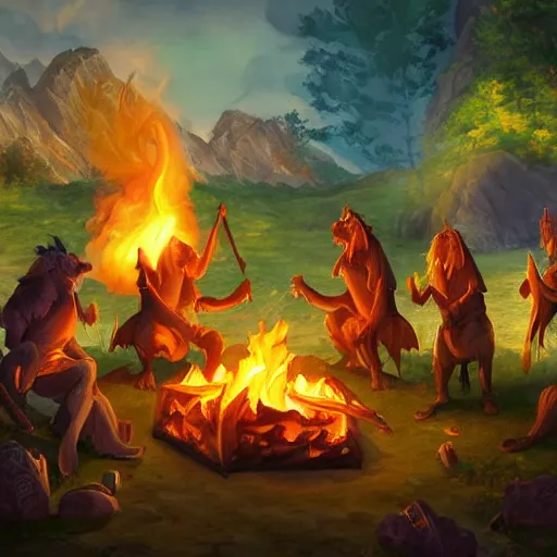 Image similar to dragons roasting kebabs near campfire, fire, magic, power metal album cover, fantasy epic legends game icon stylized digital illustration radiating a glowing aura global illumination ray tracing hdr fanart arstation by ian pesty and katarzyna da „ bek - chmiel