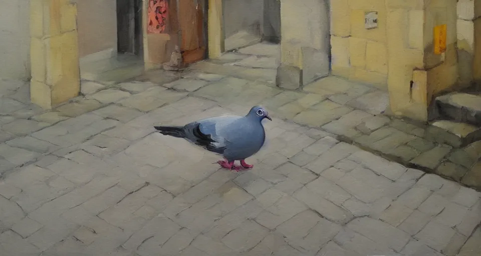 Prompt: a pigeon on the sidewalk, beautiful painting, oil on canvas, by ewa czarniecka, award winning masterpiece,