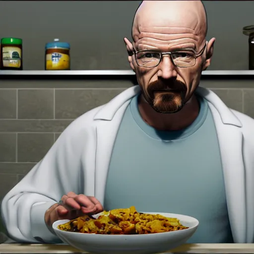 Image similar to Walter white eating chicken in a kitchen, award winning, trending on artstation, unreal engine