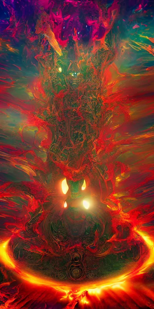 Image similar to impossibly beautiful alien god blots out the sun and unleashes an army of demons on the world, planetary scale, intricate complexity, horror, rainbow drip paint, trending on art station, photoreal, 8k, octane render