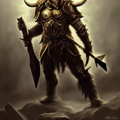 Prompt: Giant minotaur humanoid beast warrior with two handed axe, horned helmet, concept art, heavy white and golden armor, paladin, giant horns, portrait, dungeons and dragons, hyperrealism, high details, digital painting, dark fantasy