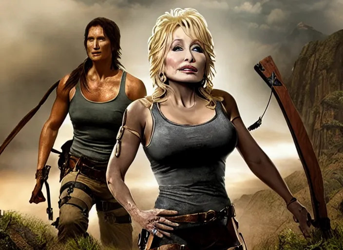 Image similar to film still of!!!! dolly parton!!! as lara croft in new tomb raider movie, 8 k