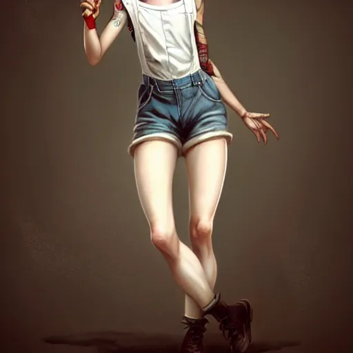 Image similar to full body pose, beautiful androgynous girl, white pixie cut hair, torn overalls, short shorts, combat boots, fishnets, beautiful, highly detailed face, true anatomy!, extremely detailed!, digital painting, unreal engine 5, art by tom bagshaw