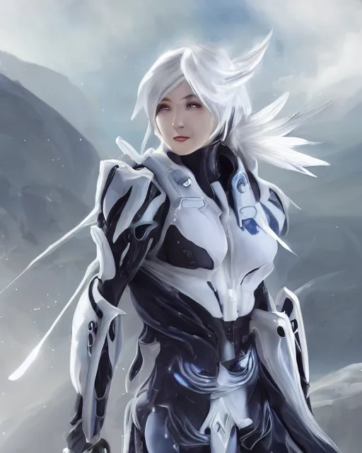 Image similar to perfect white haired girl, warframe armor, beautiful, dreamy, half asian, pretty face, blue eyes, detailed, windy weather, scifi, utopian architecture, laboratory, 4 k, ultra realistic, epic lighting, cinematic, high detail, masterpiece, art by akihito tsukushi, akasuki voidstar