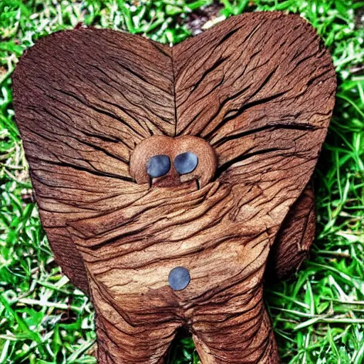 Image similar to A brownie that looks like a piece of wood. The shape is reminiscent of a pine tree, and the coloration is similar as well. It is covered with hair on its legs and torso, which makes it look like an animal in the forest. Its arms are thin but long, and have small hands and fingers. It carries an axe on its back, which makes it look like a lumberjack.