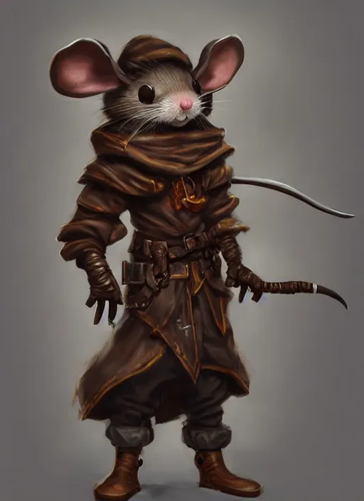 Image similar to full body concept, very fine art oil painting of a cute and sneaky D&D style anthropomorphic mouse hooded thief with a very beautiful face wearing full intricate clothing, ultra detailed, octane render, 4K, dystopian, micro details