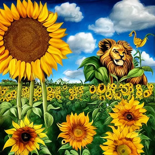 Image similar to lions and sunflowers 🌻🌫 in the style of salvador dali